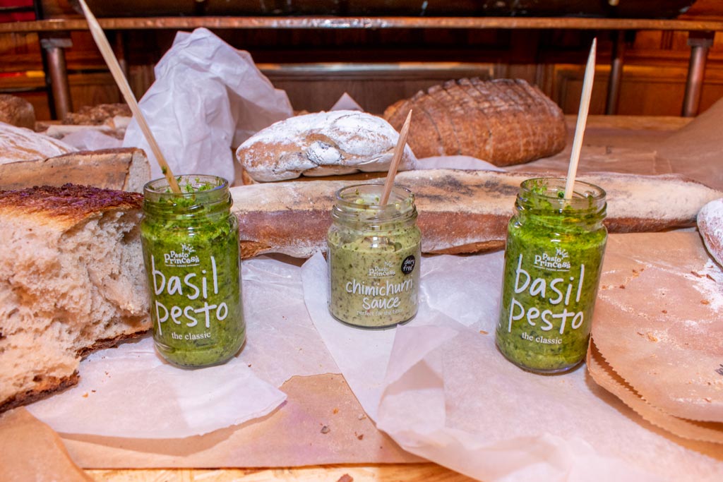 3 jars of pesto and sauce with bread - all donated to Ladles of Love by Pesto Princess for a special event